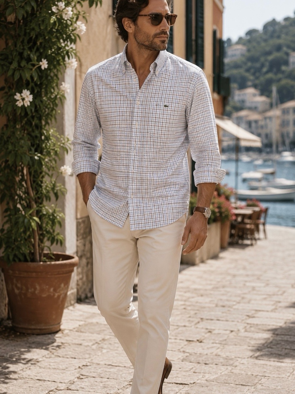 Lacoste Men's Light Blue and White Check Button-Down Shirt - Picture 1 of 12